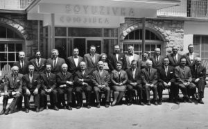 1961 UNA Board Members Gathered for Group Photo in front of Soyuzivka main entrance