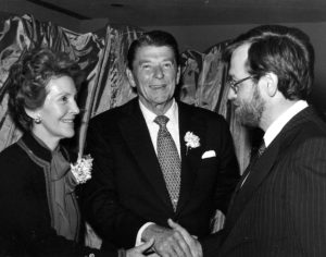 US President Reagan and First Lady Nancy shaking hands with UNA Member